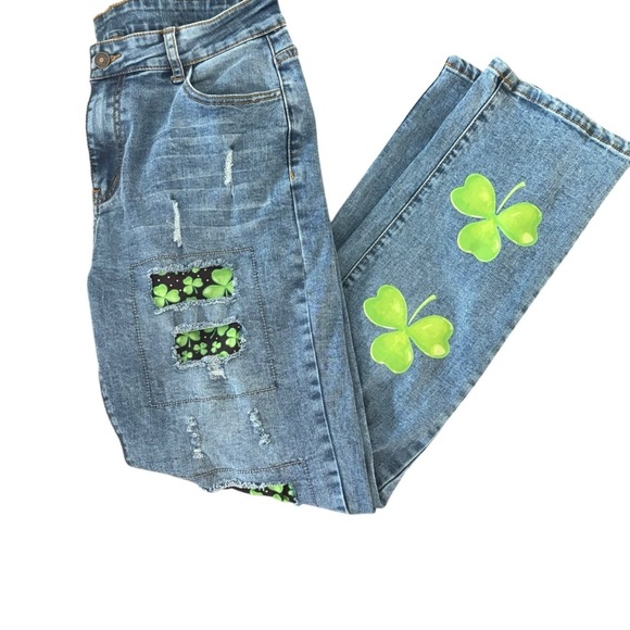 Blue Jeans with Distressed Details and shamrocks! Perfect for St. Paddy’s Day! - Picture 1 of 11